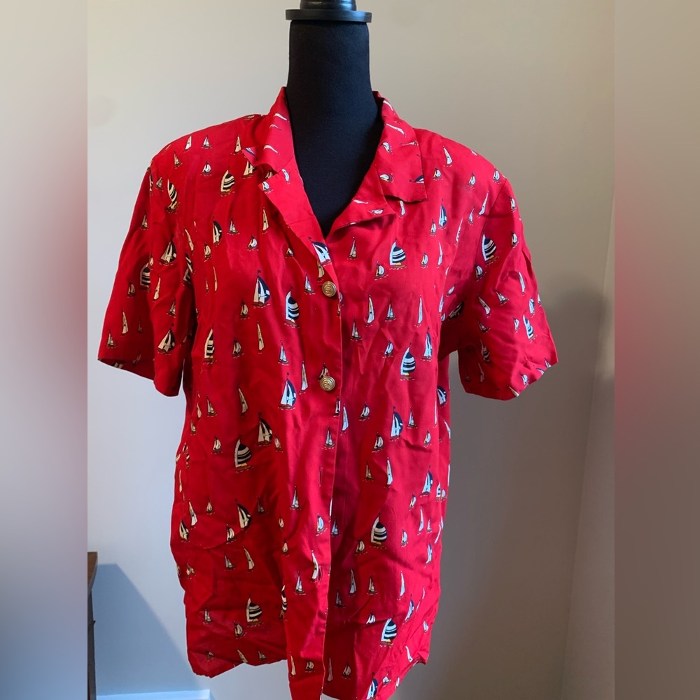 Red button down vintage Liz Claiborne Collection blouse with sailboat print
